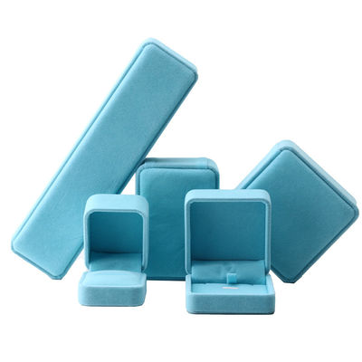 China Manufacturing wholesale high end Handmade Necklace Ring Box Jewellery Packaging Custom logo Luxury Square Suede Velvet Sky Blue Jewelry Box