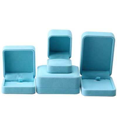 China Manufacturing wholesale high end Handmade Necklace Ring Box Jewellery Packaging Custom logo Luxury Square Suede Velvet Sky Blue Jewelry Box