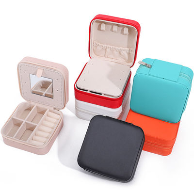 Buy Custom Logo Travel Portable Square Storage Jewelry Box with Mirror in PU Leather online manufacture