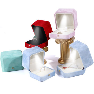 Buy Customer's Logo Blue Octagonal Flannel Gold Buckle Jewelry Box for LED Jewelry Ring Box online manufacture