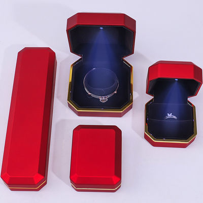 customizable hign end Handmade red octagon Led light jewelry box With gold trim