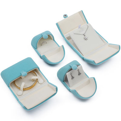 Cyan Soft Sleek Velvet Jewelry Packaging Box Clamshell Shaped Jewelry Gift Box
