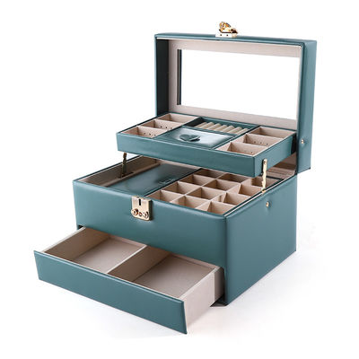 Portable PU Leather Travel Jewelry Drawer Organizer Box With Mirror Multi Function