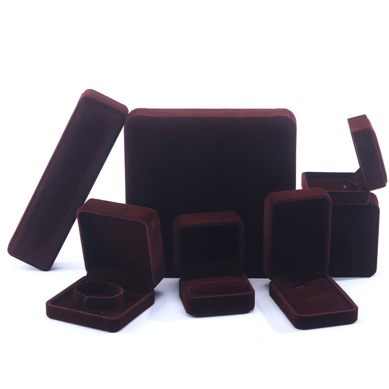 China Manufacturing wholesale high end Handmade Necklace Ring Box Jewellery Packaging Custom logo Luxury Square Suede Velvet Brown Jewelry Box