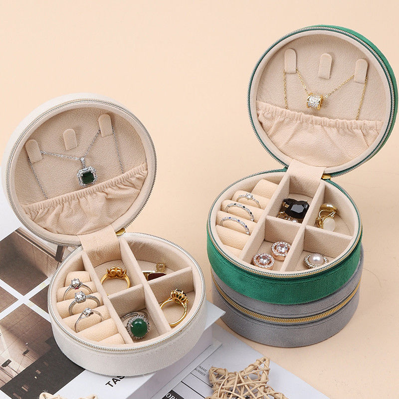 Round Shaped Soft Velvet Jewelry Storage Box Organizer Zipper Bag For Travel